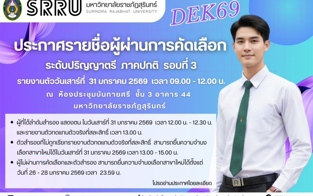ประกาศรายชื่อผู้ผ่านการคัดเลือก รอบที่ 3 ประจำปีการศึกษา 2569 #DEKSRRU69 . ลิงก์ประกาศรายชื่อผู้ผ่านการคัดเลือกรอบที่ 3 https://bit.ly/4qI4BXS  ค่ารายงานตัว 4,700 บาท / 4,400 บาท หลักสูตรครุศาสตรบัณฑิต สาขาวิชาการสอนภาษาจีน ค่ารายงานตัว 500 บาท . รายงานตัวในวันเสาร์ที่ 31 มกราคม 2569 ณ ห้องประชุมบันทายศรี อาคาร 44 ชั้น 3 มหาวิทยาลัยราชภัฏสุรินทร์