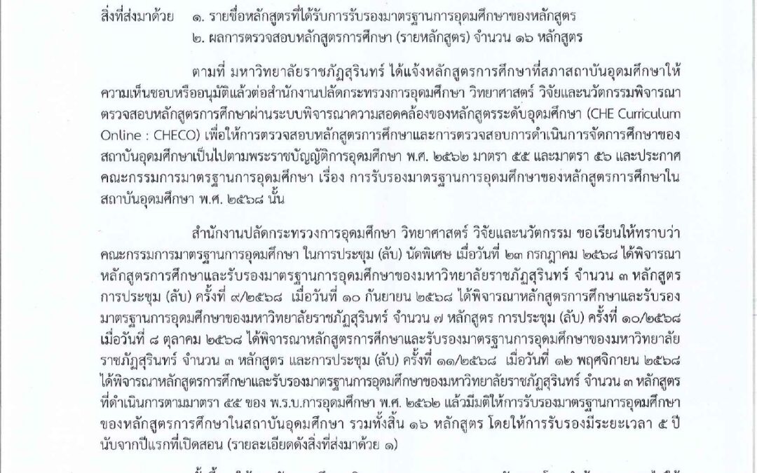 ขอแสดงความยินดีกับหลักสูตร  มหาวิทยาลัยราชภัฏสุรินทร์ ผ่านการรับรองมาตรฐานการอุดมศึกษา กระทรวงการอุดมศึกษา วิทยาศาสตร์ วิจัยและนวัตกรรม ได้แจ้งผลการตรวจสอบและรับรองมาตรฐานการอุดมศึกษาของหลักสูตรการศึกษา ของมหาวิทยาลัยราชภัฏสุรินทร์ ตามมติคณะกรรมการมาตรฐานการอุดมศึกษา  ตามหนังสือสำนักส่งเสริมวิชาการและงานทะเบียนเลขที่ อว0625.10(3)/ว 0075 ลงวันที่ 27 มกราคม 2569 เรื่องแจ้งผลการตรวจสอบหลักสูตรการศึกษาและรับรองมาตรฐานการอุดมศึกษา